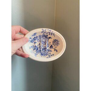 Antique Charlotte Royal Crownford Ironstone England Blue Floral Oval Dish 6" x 4